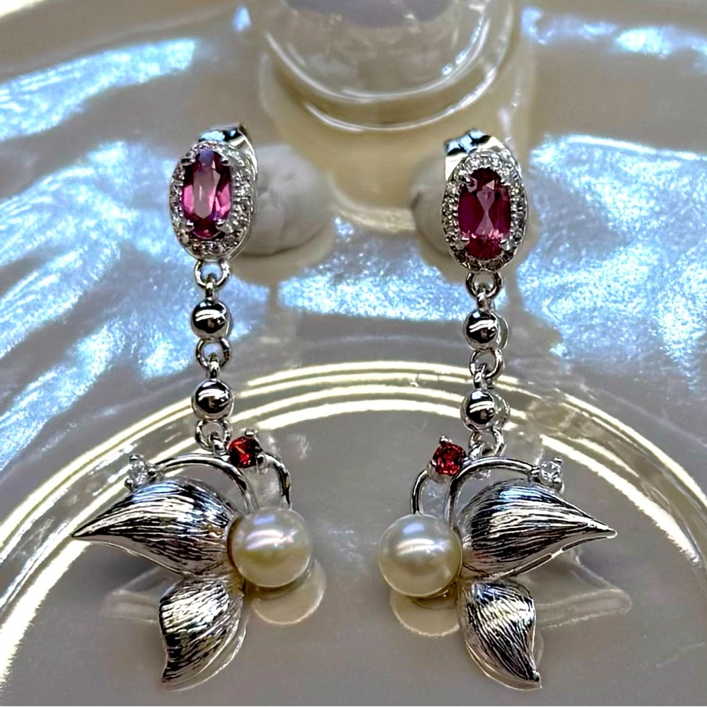 EPF19 Genuine 0.7CT Rhodolite Garnet 4-5mm Pearl Butterfly Earrings 18K WG S925